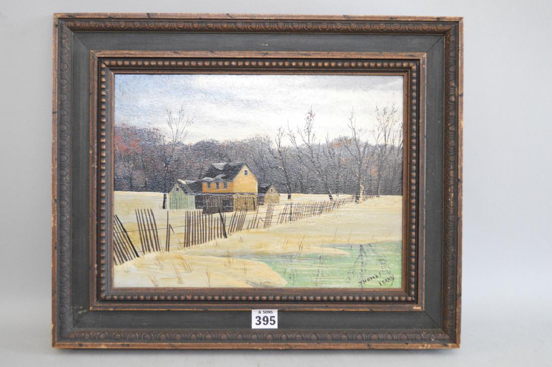 Thomas Kerry (AMERICAN/ 20th Century) oil on board,: Thomas Kerry (AMERICAN/ 20th Century) oil on board, Winter barn Scene, 9 x 12 inches