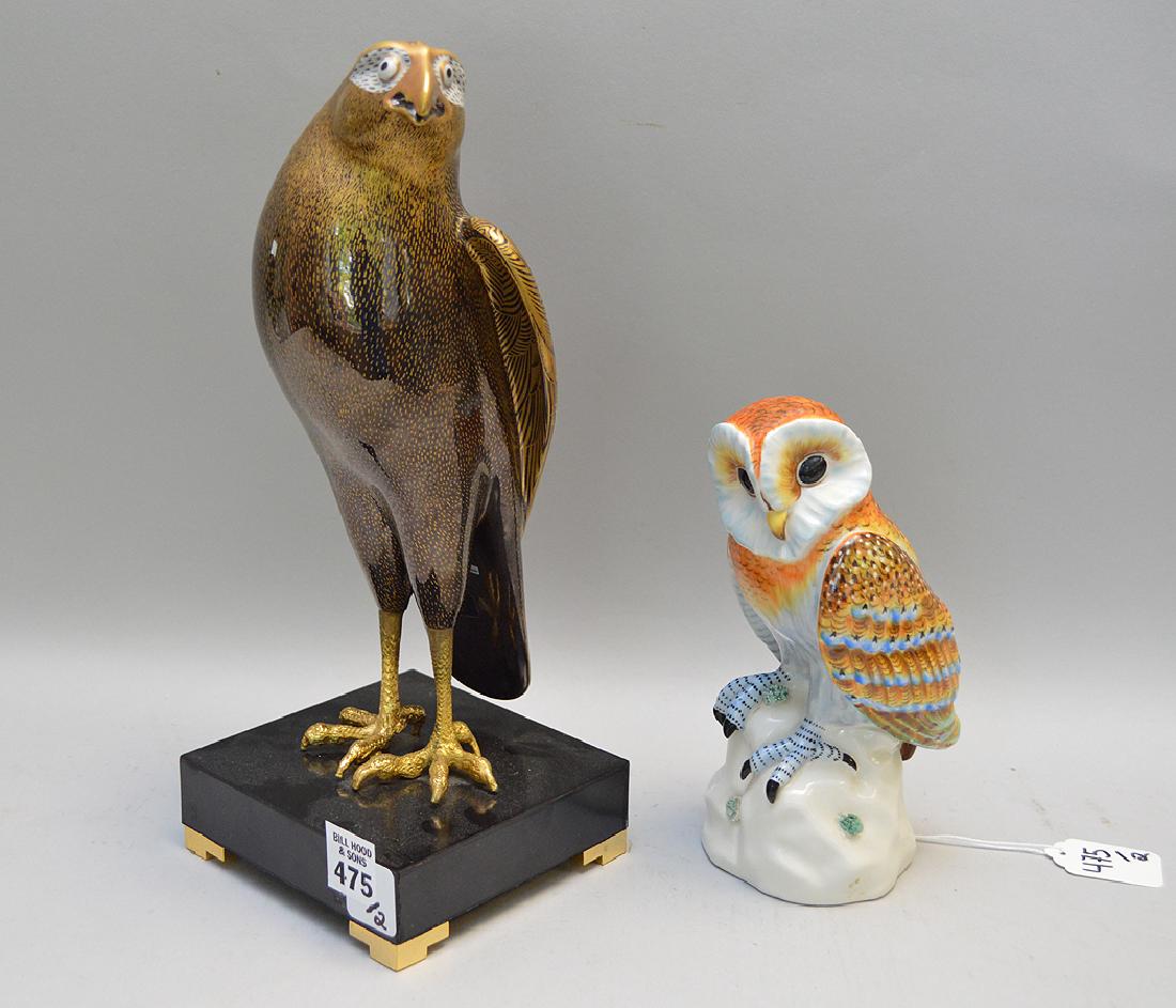 Ogetti Bird on a black lacquer base. Ht. 12 1/4".: Ogetti Bird on a black lacquer base. Ht. 12 1/4". Together with a Mottahedeh Porcelain Owl Figure Ht. 7 3/8"