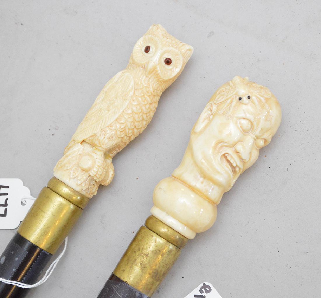 2 Mahogany Canes with carved handles and bronze (1 of 3)