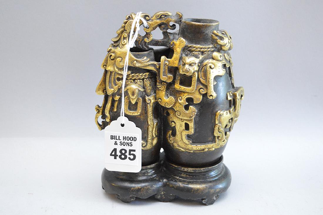 Chinese Patinated & Gilt Bronze Vase & Stand.  The (1 of 7)