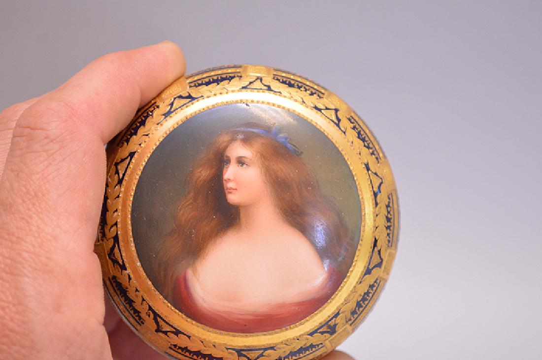 German Porcelain Portrait Box & Cover.  Ht. 2 1/2" Dia. (1 of 4)