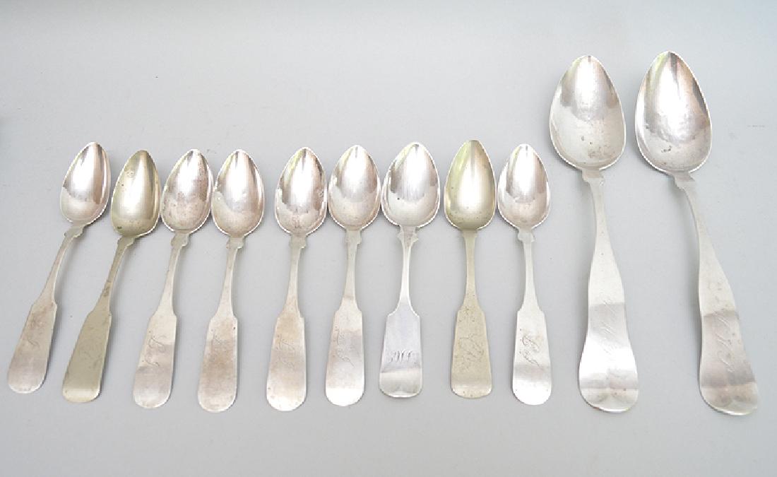 11 coin silver spoons, 19th c, (9) teaspoons and (2) (1 of 4)