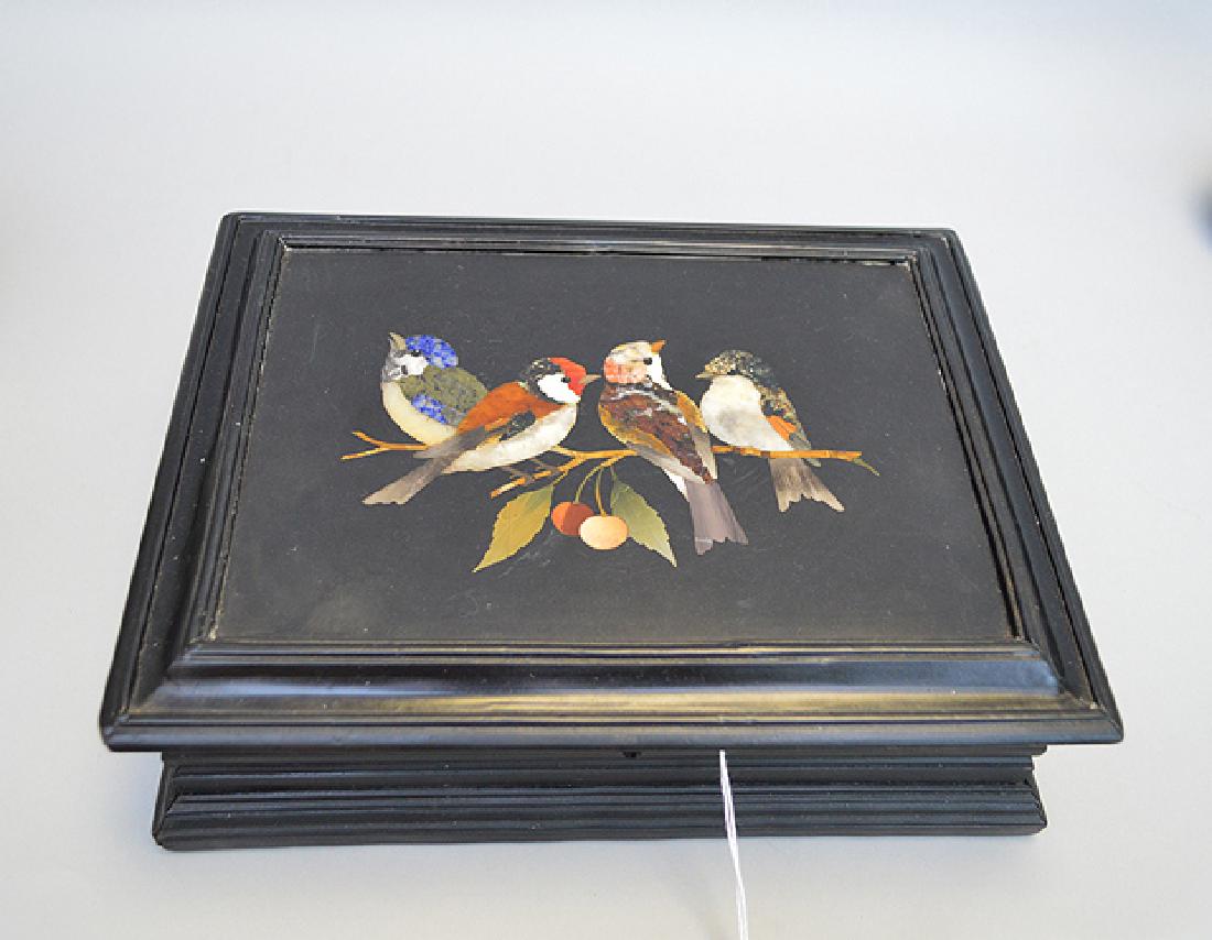 Ebony Box With Pietra Dura Top depicting four birds. (1 of 4)