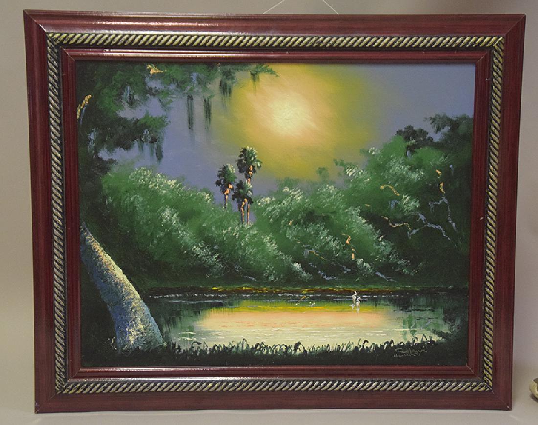 J. Maynor, Florida Highwayman oil on masonite board,: J. Maynor, Florida Highwayman oil on masonite board, sunset everglades scene, 22 x 28 inches