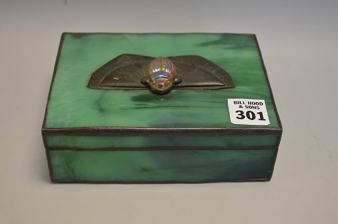 American Leaded Slag Glass Box With Iridescent Beatle: American Leaded Slag Glass Box With Iridescent Beatle Top. Condition: crack across top. 6 1/8" x 4 1/2" Ht. 2 1/4"