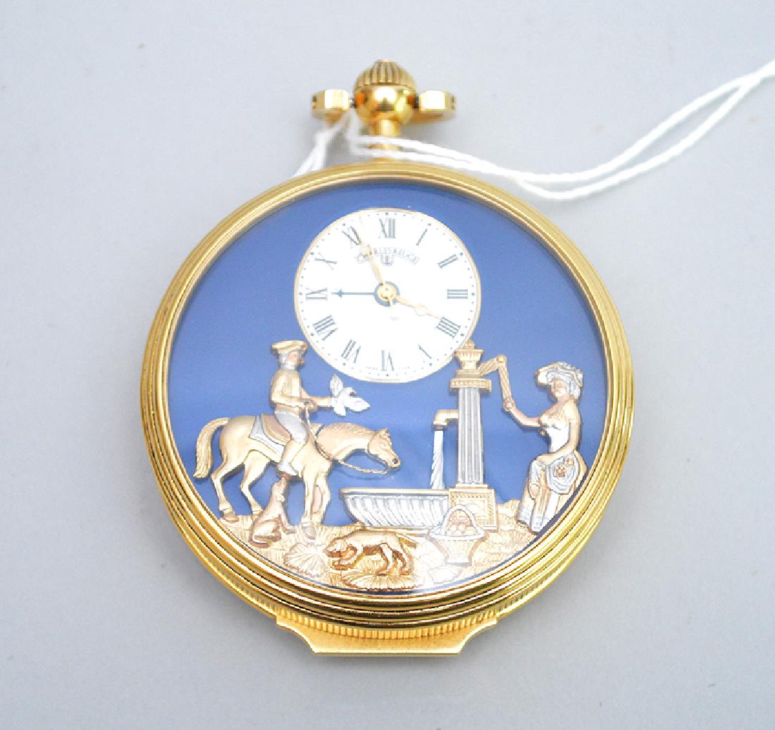 Gold Plated Charles Reuge Pocket Watch with classical: Gold Plated Charles Reuge Pocket Watch with classical scene front. The back opens to an erotic scene. Ht. 3"