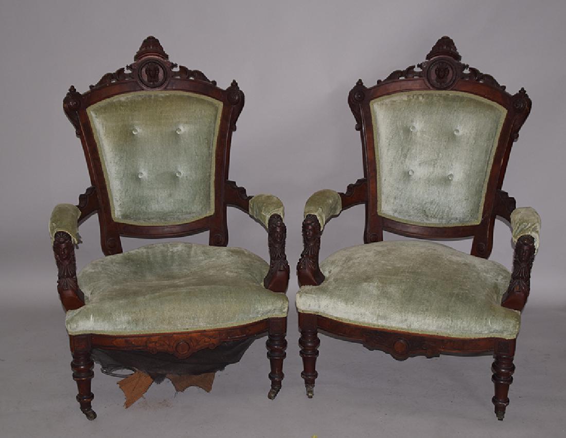 Pair Victorian carved chairs, 43"h x 29"w x 17"d (1 of 6)