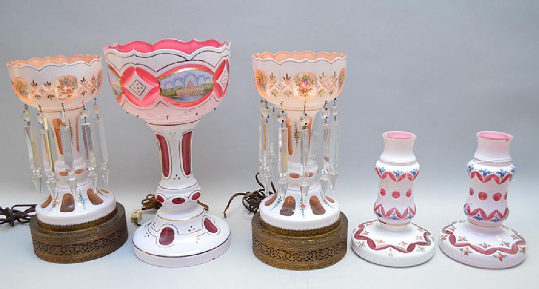 Pair overlay cut, colored girondles AND 3 pc.: Pair overlay cut, colored girondles AND 3 pc. Incomplete light fixture