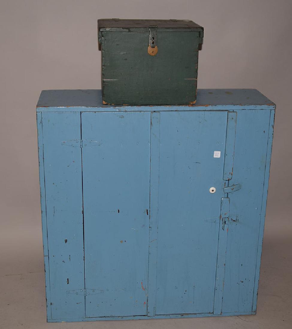 2 painted pieces, blue cupboard and green lift top box: 2 painted pieces, blue cupboard and green lift top box with brass padlock