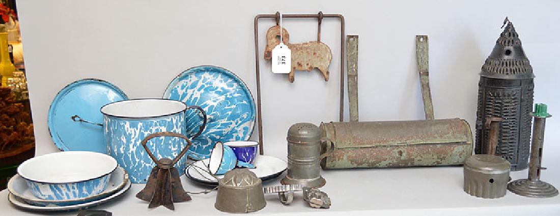 Lot/collection blue enamel ware, 19th c. tin candle (1 of 5)