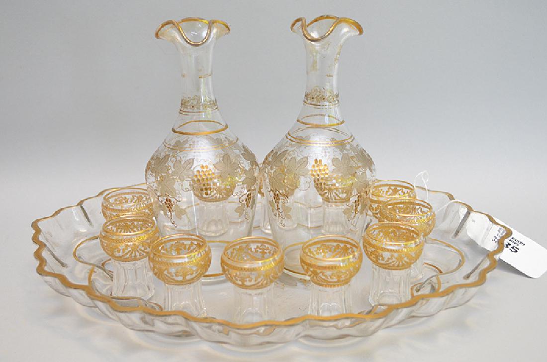 Continental glass cordial set with gold grape accents,: Continental glass cordial set with gold grape accents, 2 Carafe (6 3/4"h), tray (13"L) and 11 cordials