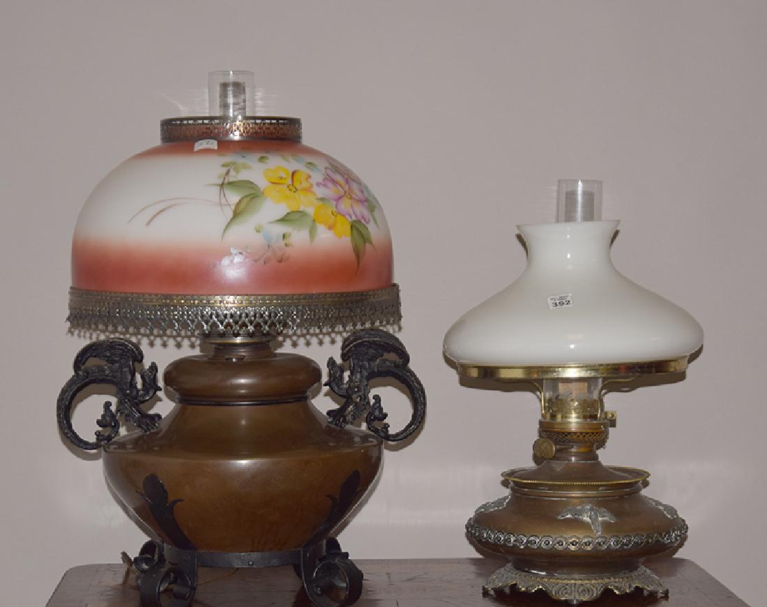 2 electrified oil lamps, brass fonts with Asian (1 of 3)