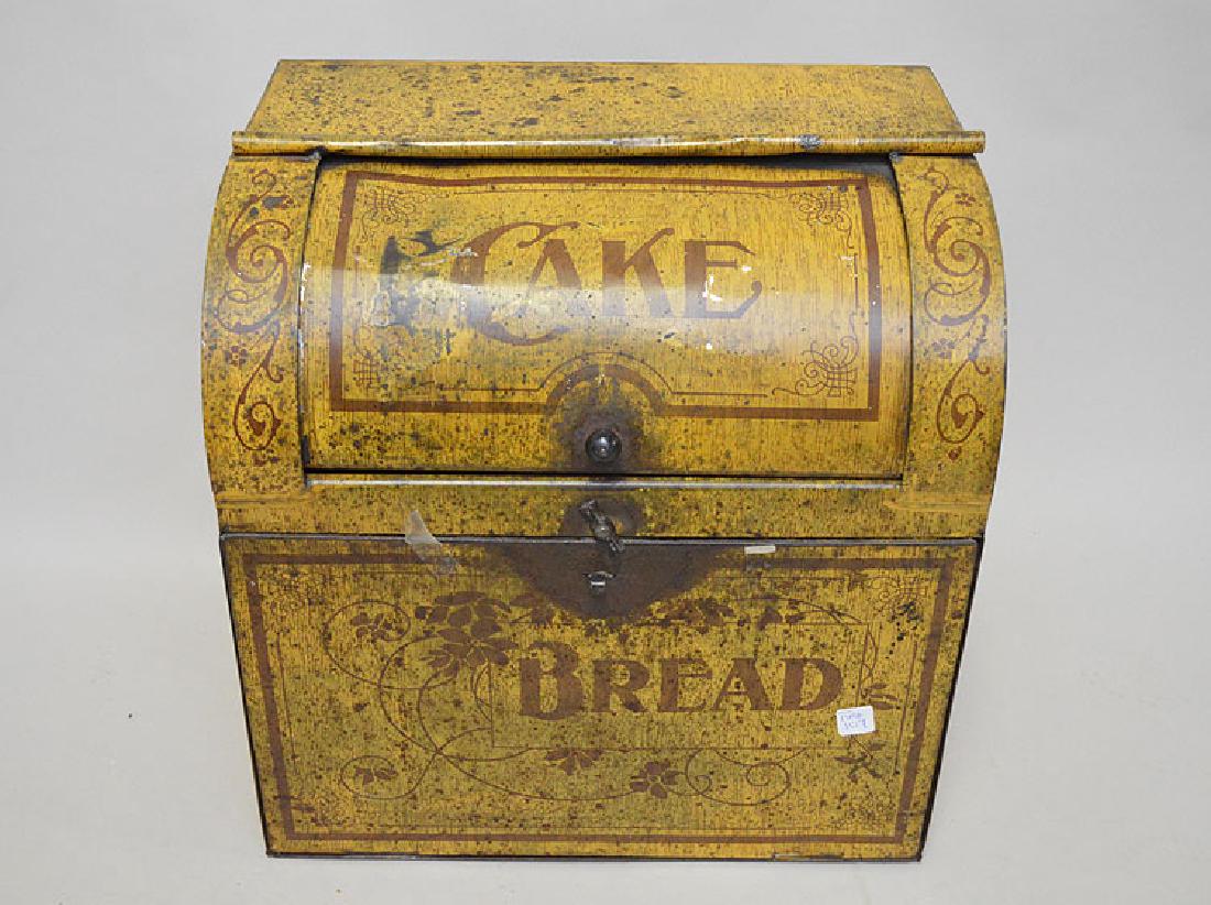 Tole stenciled cake/bread box, mustard color, 19 1/2"h: Tole stenciled cake/bread box, mustard color, 19 1/2"h x 19"w x 13 1/2"d