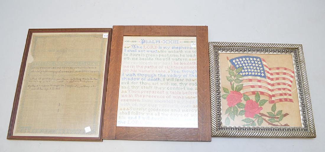 3 American needlework pieces, embroidered flag, 1 worn (1 of 7)