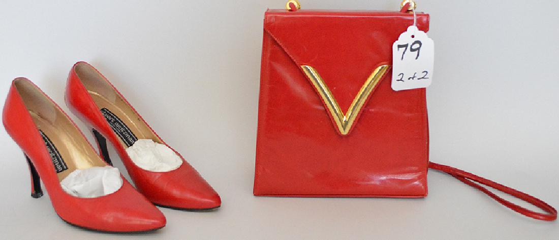 Lot of Vintage Stuart Weitzman Ladies Heels and: Lot of Vintage Stuart Weitzman Ladies Heels and Matching Purse circa 1995, Red Kidskin Leather with Gilt Accents, (1) Shoes - (US) Size 5.5, Condition - Good with some wear on sole; (2) Crossover Purs