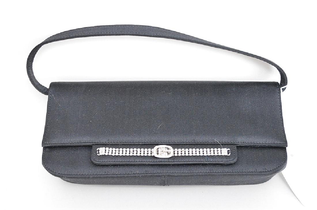 Stuart Weitzman Black Satin evening bag with Rhinestone: Stuart Weitzman Black Satin evening bag with Rhinestone accents, Overall Bag Length 9", detachable strap length 4", Bag Ht. 5" W. 10" D. 2", Good Condition