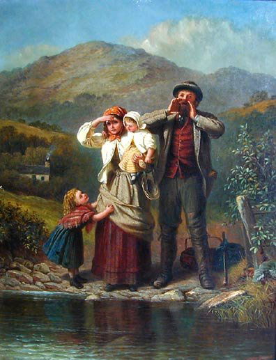 Charles Stuart, 19th cent, British, oil on canvas,: Charles Stuart, 19th cent, British, oil on canvas, 36" x 28", "Family on Riverbank"