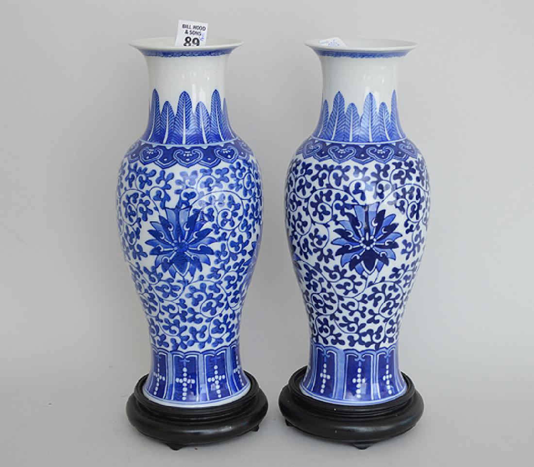 Pair of Blue & White Vases on Wood Stands. Chinese (1 of 4)