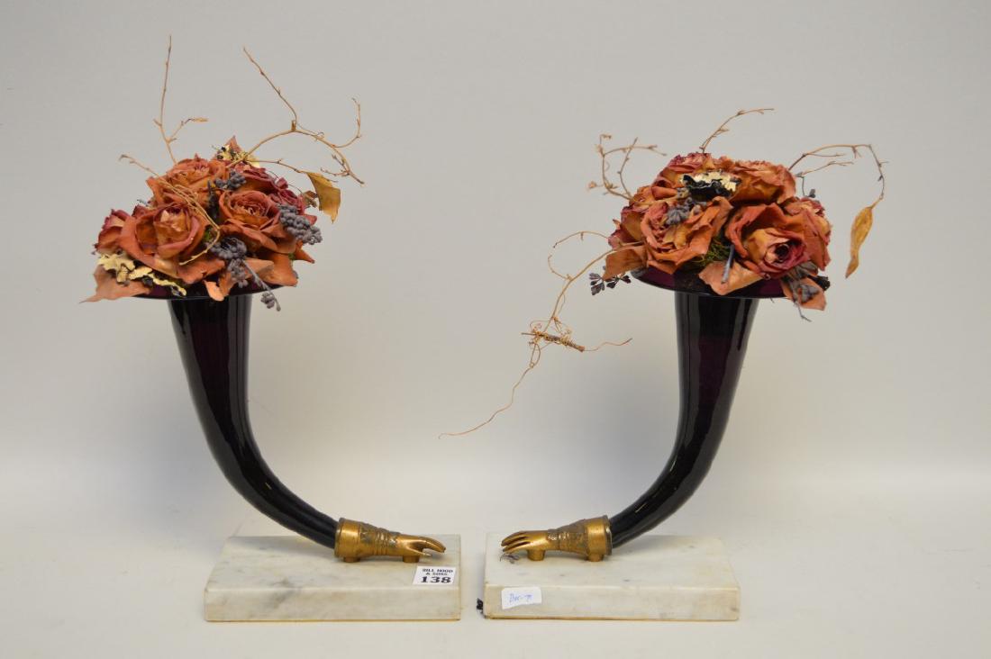 Pair Victorian Glass Metal & Marble Vases.  Ht. 9" (1 of 3)