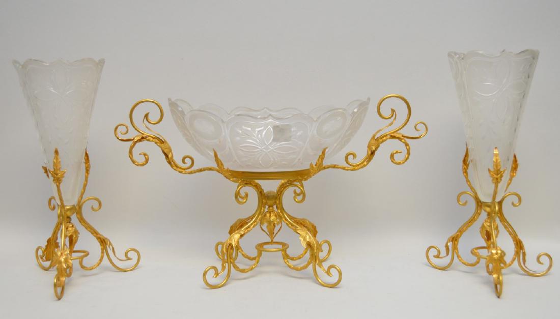 3 PIECES FRENCH GLASS & GOLT BRONZE GARNITURE. (1 of 4)