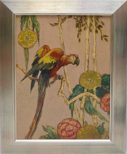 JESSIE ARMS BOTKE, American 1883-1971 (attributed),: JESSIE ARMS BOTKE, American 1883-1971 (attributed), “Parrot In a Landscape” oil on panel 28” x 20” framed.