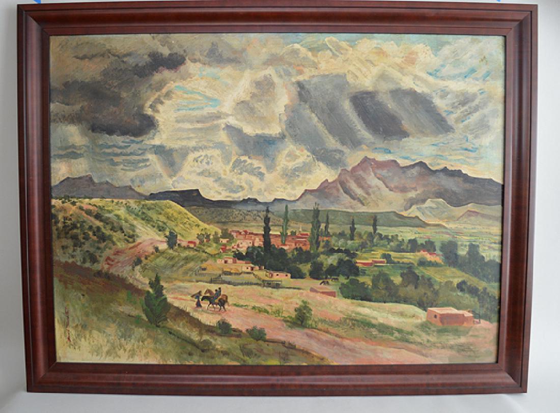 David Fredenthal (American 1914-1958) American Indian: David Fredenthal (American 1914-1958) American Indian village oil/tempera 1941, 28 x 38 inches