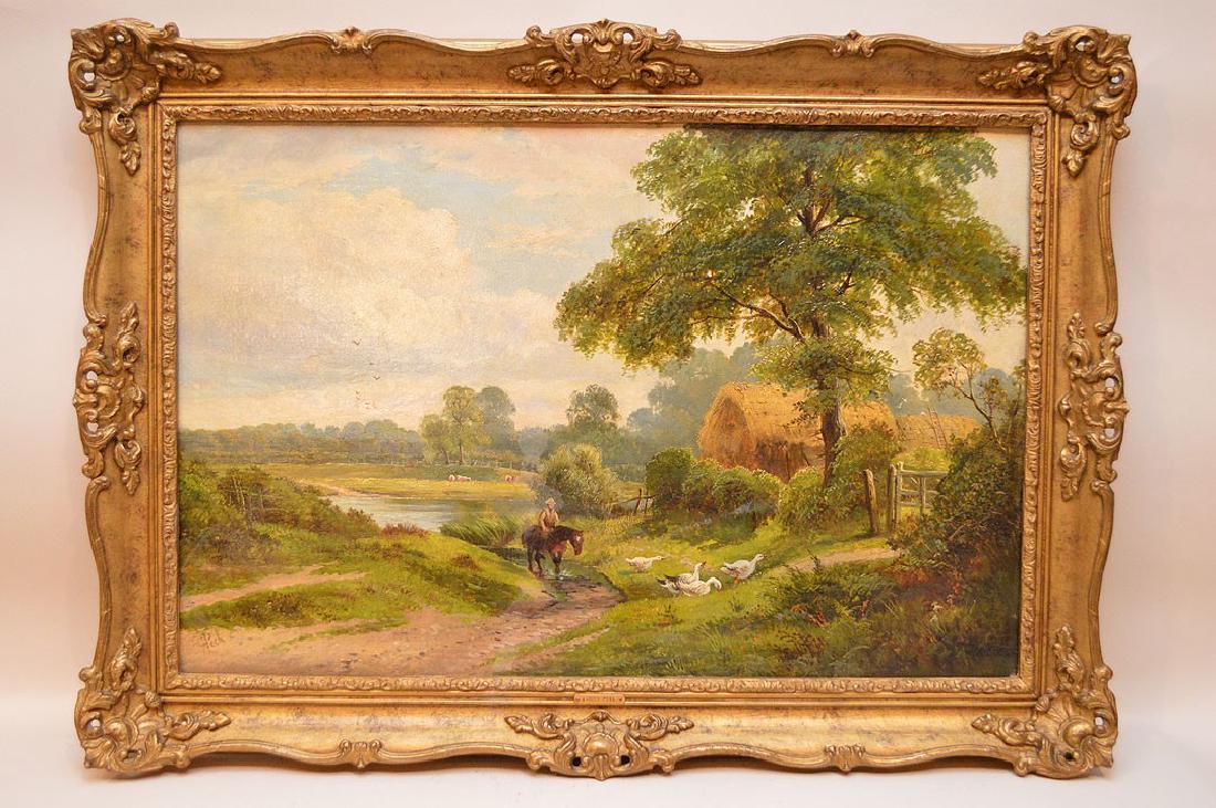 James Peel (BRITISH, 1811-1906) oil on relined canvas,: James Peel (BRITISH, 1811-1906) oil on relined canvas, Landscape Farm scene with a guy on horseback, canvas size 18 x 27 inches, gallery framed