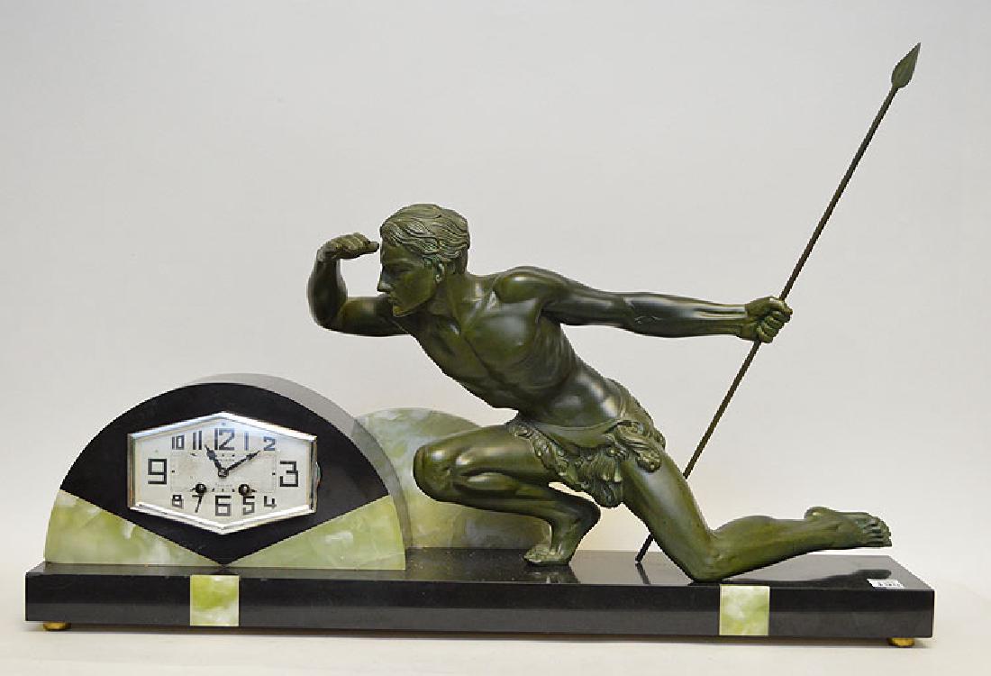 Art Deco Patinated Metal Figural Clock.  Ht. 20" W. 30" (1 of 7)