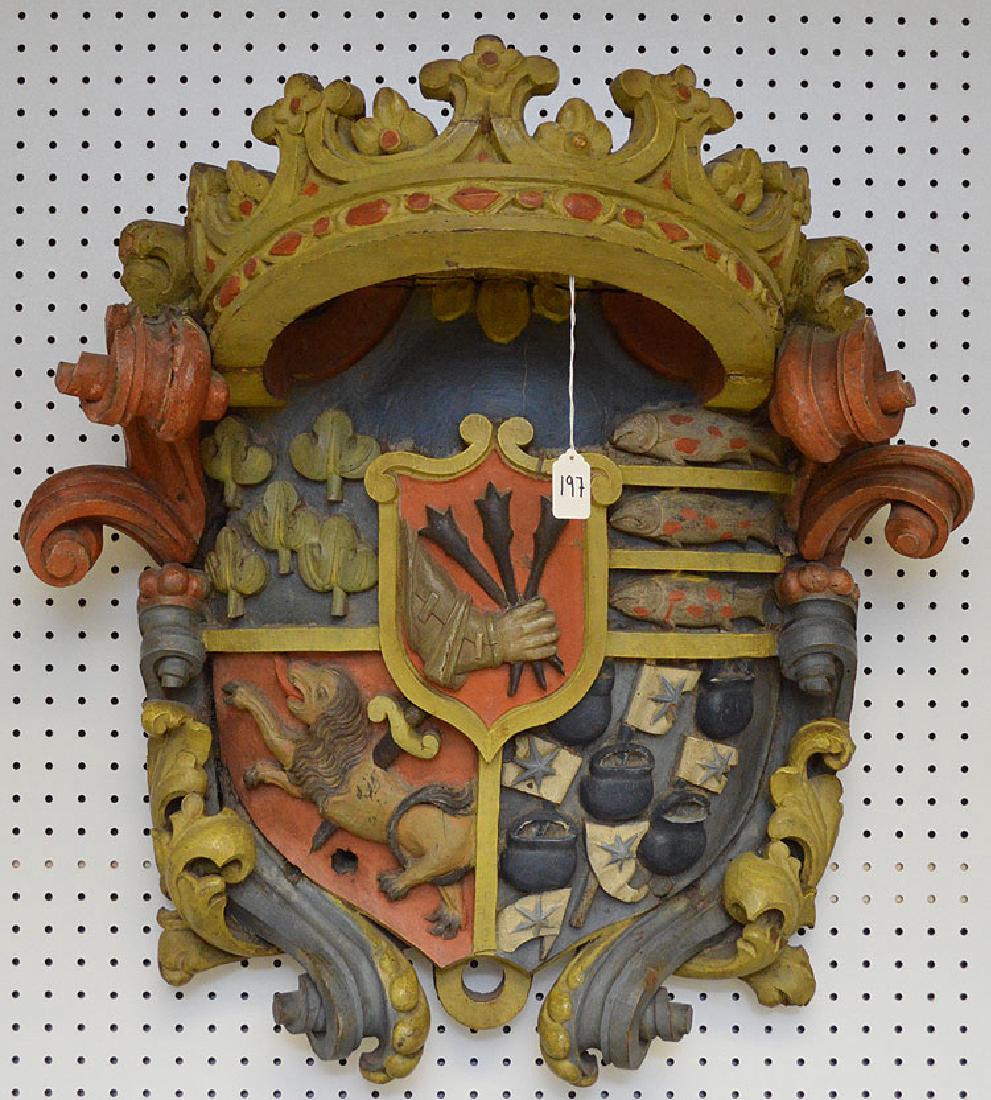 Large Antique Carved & Painted Wood Crest.  Ht. 30" W. (1 of 5)