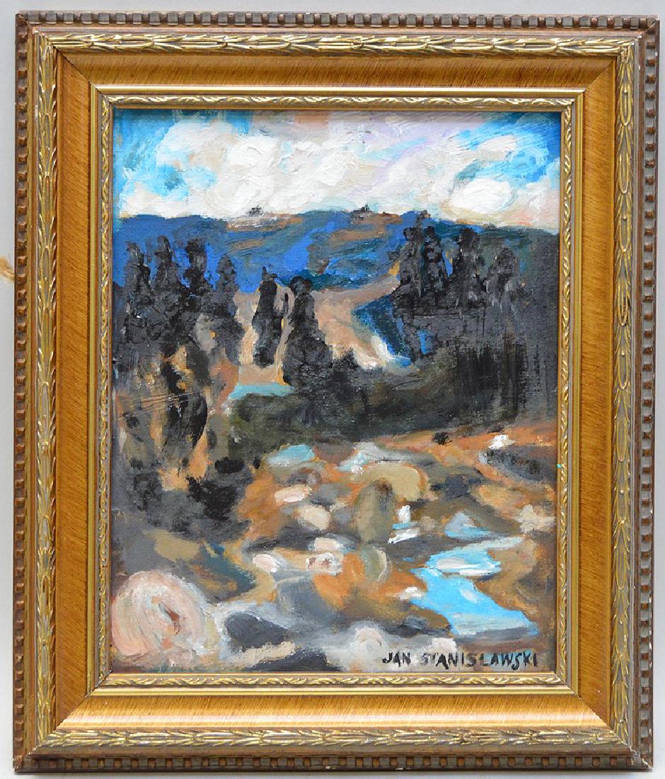Jan Stanislawski (Poland 1860 - 1907) oil on board: Jan Stanislawski (Poland 1860 - 1907) oil on board signed lower right, signed and titled reverse, has Exhibition label, Landscape, 10 x 7-3/4 inches