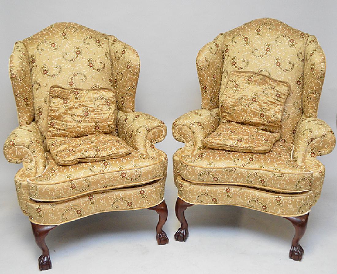 Pair silk embroidered wing back chairs (1 of 6)