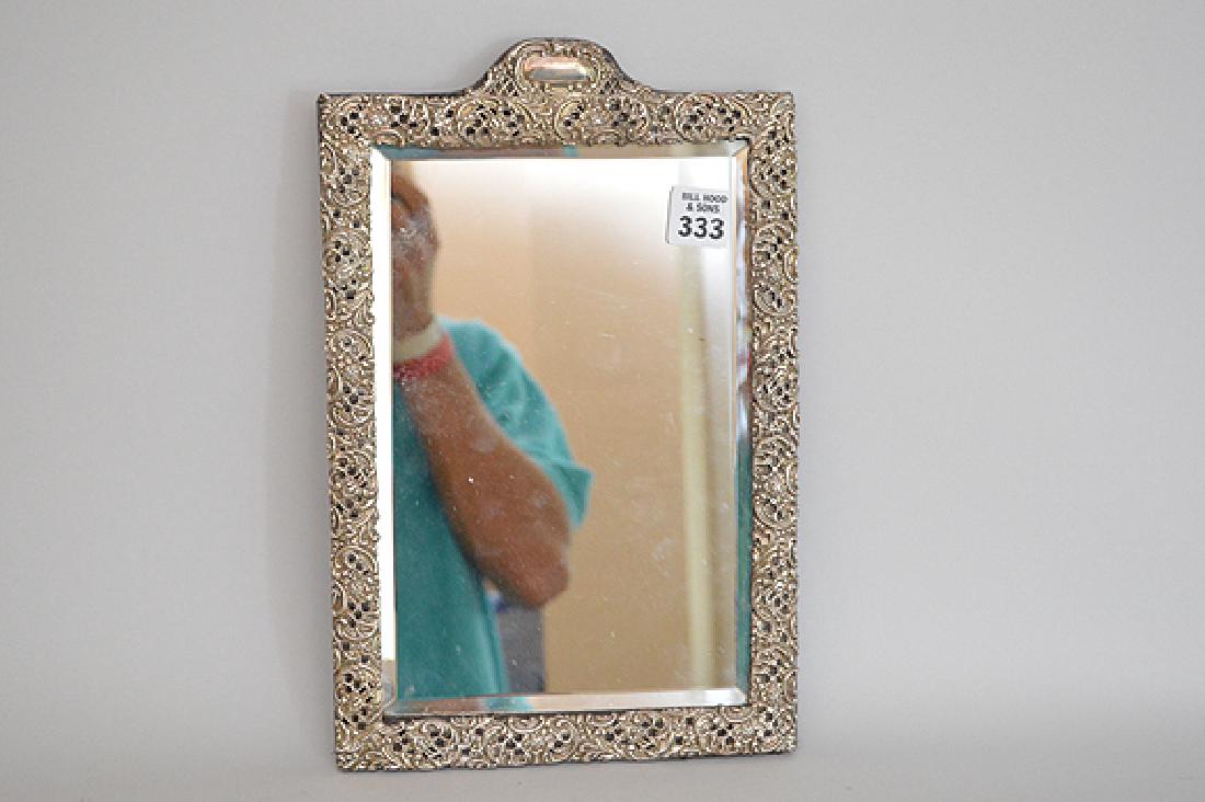 Hanging mirror with sterling frame, 12 1/2"h x 8"w: Hanging mirror with sterling frame, 12 1/2"h x 8"w