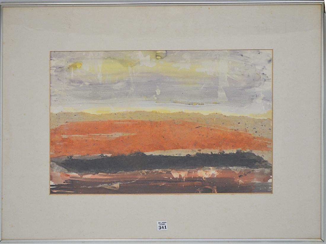 After Michael Snow. (Canadian *1929). Abstract: After Michael Snow. (Canadian *1929). Abstract watercolor on paper circa 1975. Brock University Historical Society label verso. 16” x 23” viewed & 25” x 32” framed. Good condition except for l