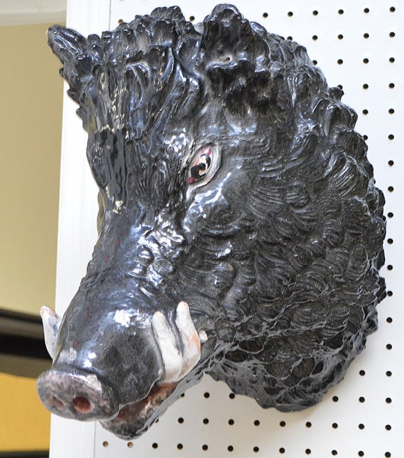 Life-size Majolica boars head, hangs on wall, 13"h: Life-size Majolica boars head, hangs on wall, 13"h x15"w