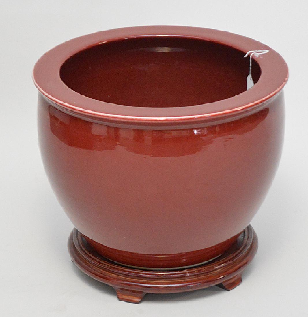 Blood red Chinese planter with stand, 16" x 19": Blood red Chinese planter with stand, 16" x 19"