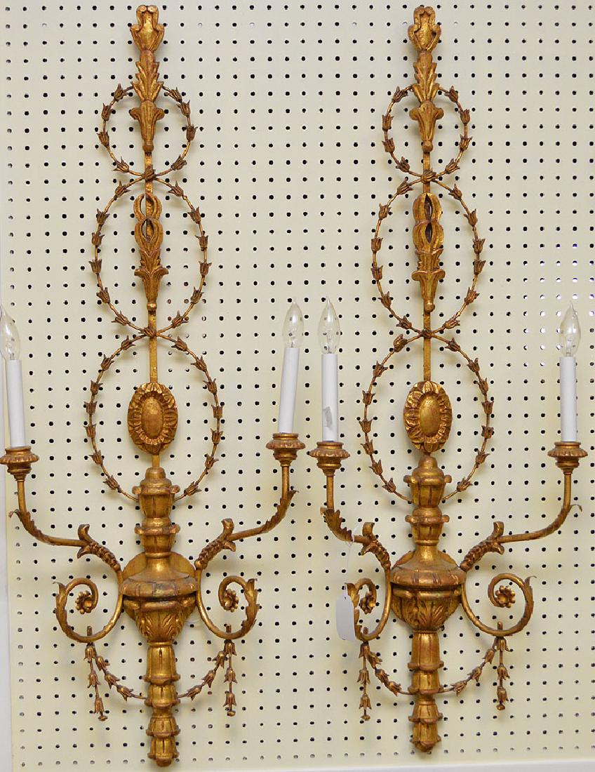 Pair gilt metal & wood wall sconces, 41"h x 15"w (1 of 7)