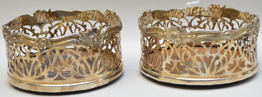 Pair Antique Sheffield Silver Plated Wine Coasters.: Pair Antique Sheffield Silver Plated Wine Coasters. Ht. 3" Dia. 5 1/4"