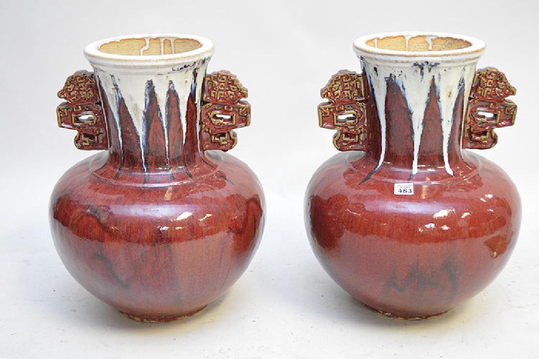 Pair Pottery Vases With Red Glaze.  Ht. 18" (1 of 3)