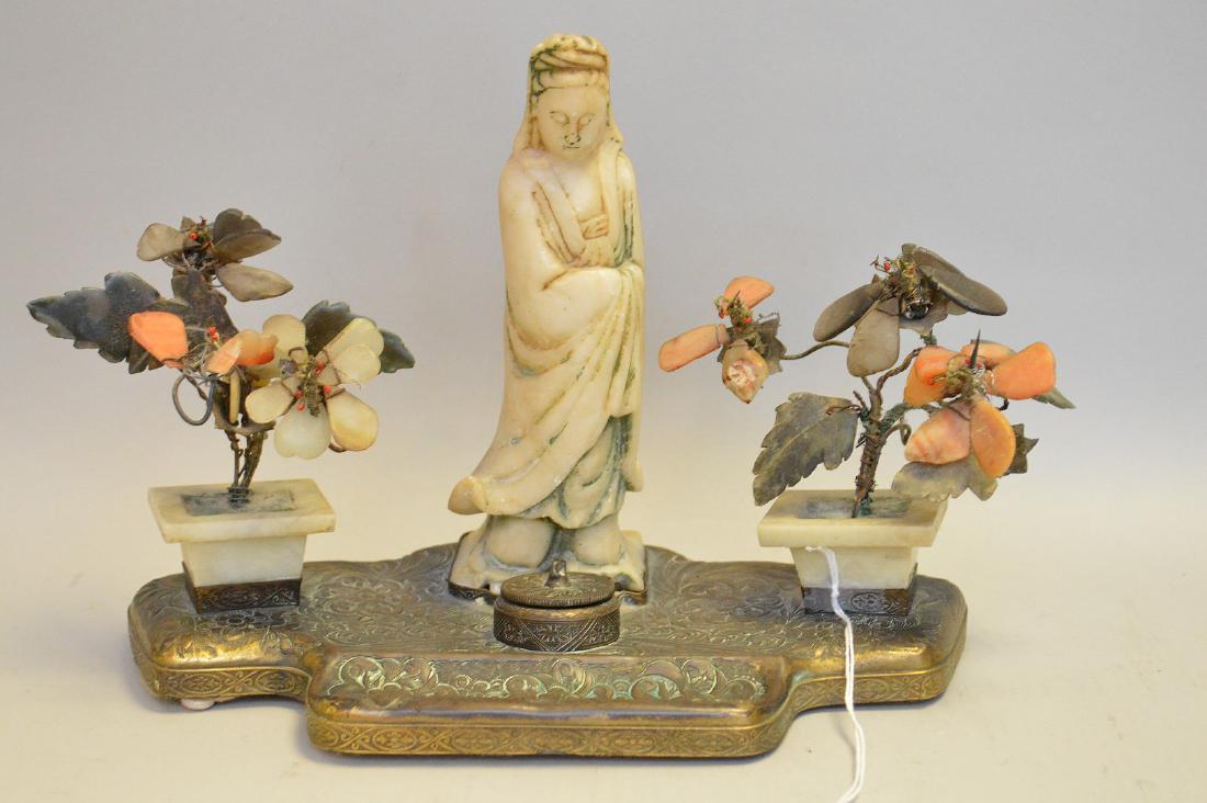 Chinese Carved Soapstone & Bronze Inkwell. Ht. 8" Wth.: Chinese Carved Soapstone & Bronze Inkwell. Ht. 8" Wth. 11"