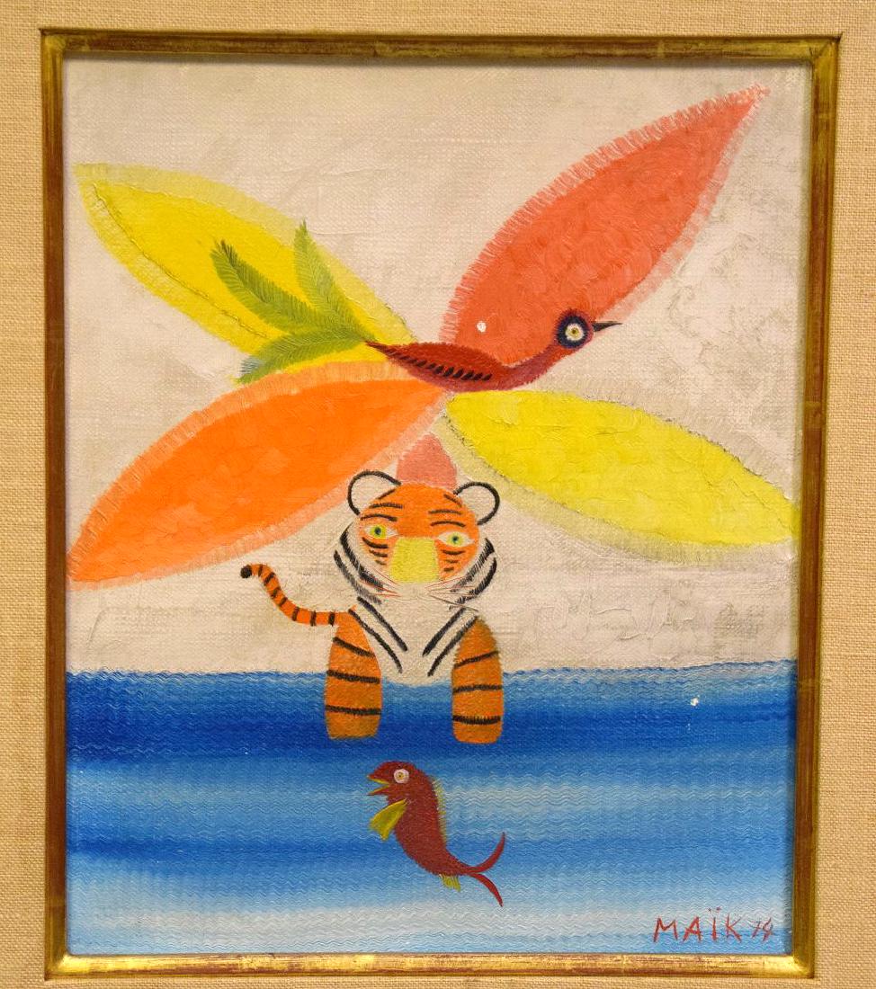 Henri Maik (FRENCH, 1922) oil on canvas, Tiger & Bird,: Henri Maik (FRENCH, 1922) oil on canvas, Tiger & Bird, 9 x 11 inches