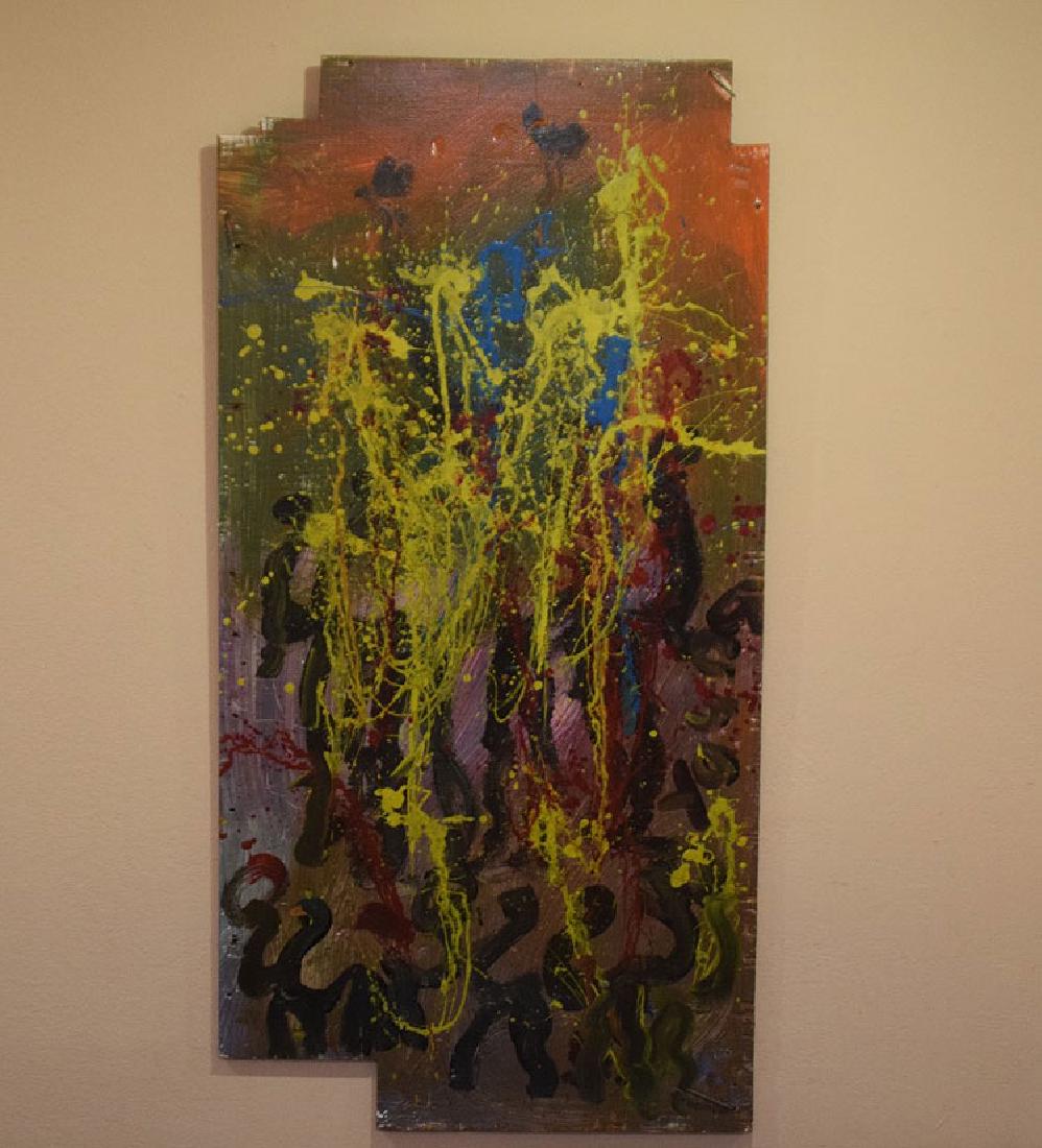 Purvis Young (AMERICAN, 1943-2010) Painting on found: Purvis Young (AMERICAN, 1943-2010) Painting on found ply wood, figures, 43 x 24 inches. all from same collection was said to come from same gallery as others (Joy Moos Gallery Inc) but this one has no