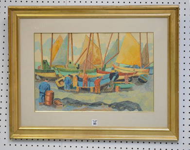 Pierre de Belay (FRENCH, 1890-1947) mixed media on: Pierre de Belay (FRENCH, 1890-1947) mixed media on paper, Boatyard dated 1940, sight size 13 x 21 inches, framed