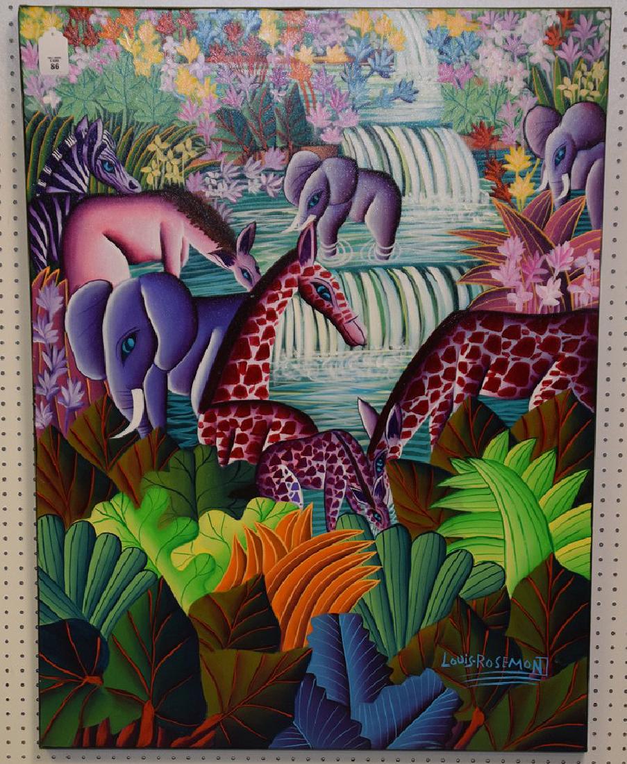 Louis Rosemond (HAITIAN, 1957) oil on canvas, Jungle: Louis Rosemond (HAITIAN, 1957) oil on canvas, Jungle Animals & Waterfall, signed lower right, retains original price tag of $3400- on reverse.