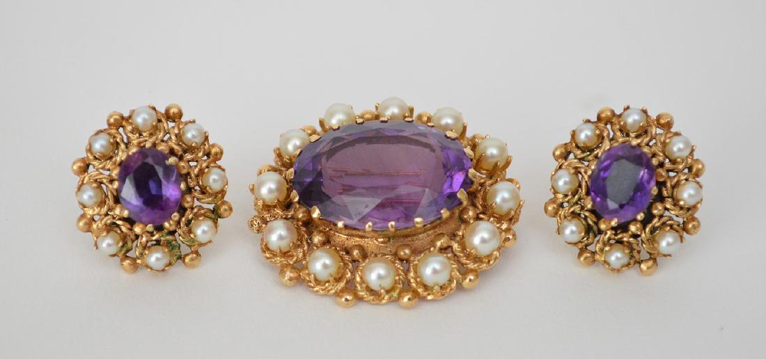 3 Piece 14K Yellow Gold Amethyst & Pearl Earrings & Pin (1 of 4)