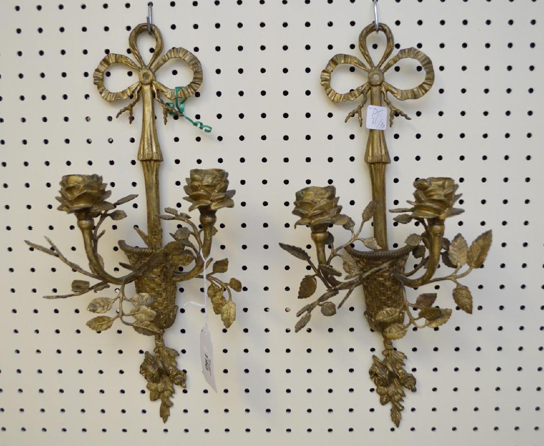 Pair gilt metal floral motif double branch wall (1 of 3)