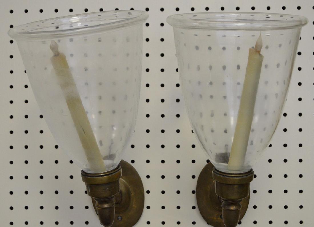 Pair brass wall sconces with hurricane shades, approx. (1 of 2)
