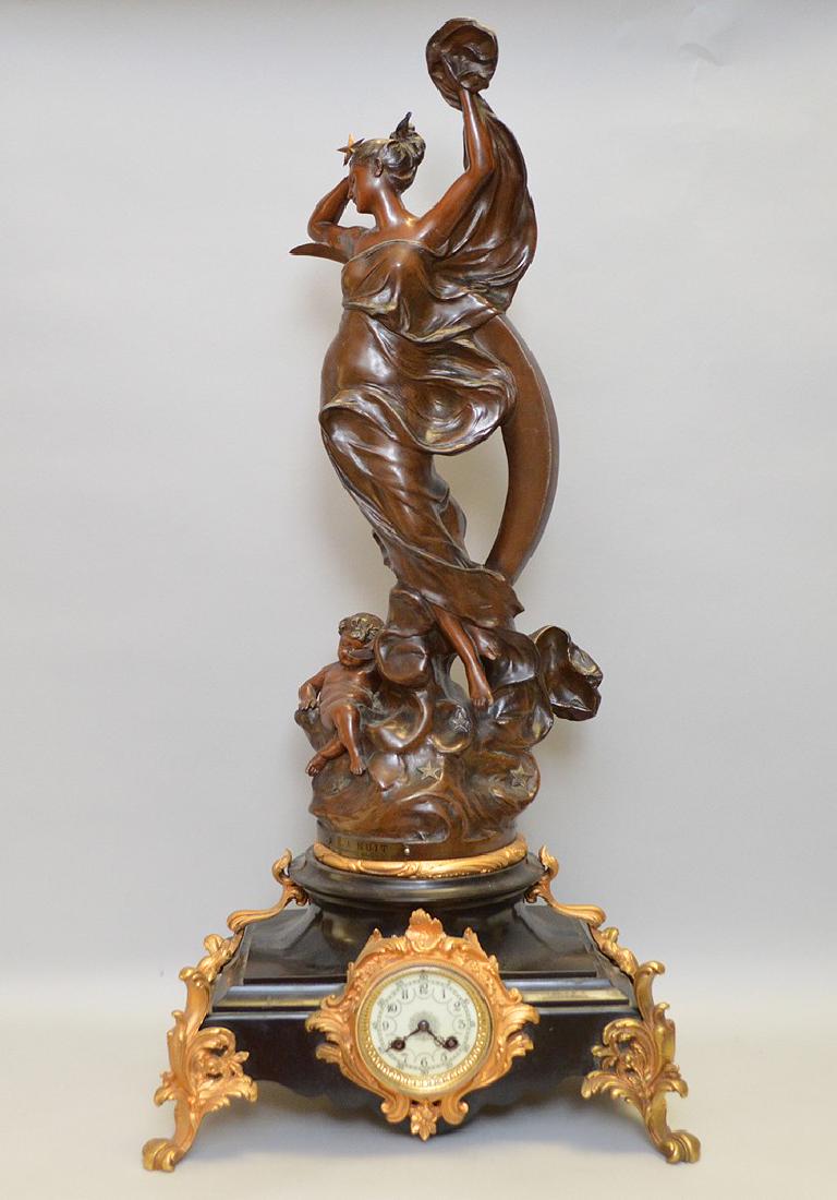 Black marble & bronze French clock, LA NUIT, with (1 of 8)