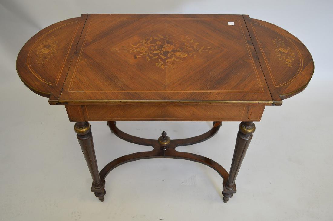 Mahogany marquetry occasional/sofa table with hinged: Mahogany marquetry occasional/sofa table with hinged ends, 29"h x 26"w x 21"d (8 1/2"d drop leaf)