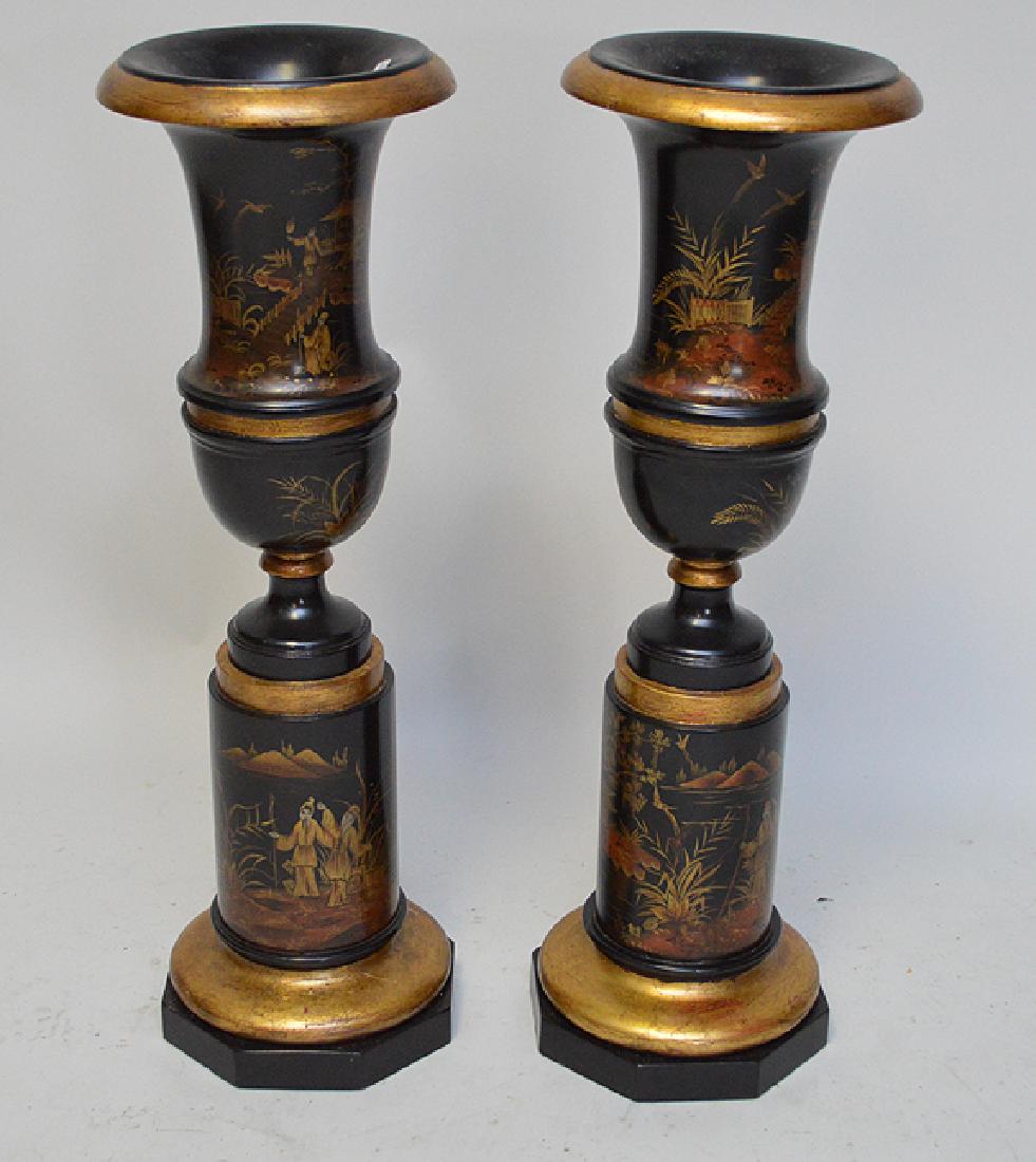 Pair Painted oriental motif urn form vases, 28"h (1 of 3)