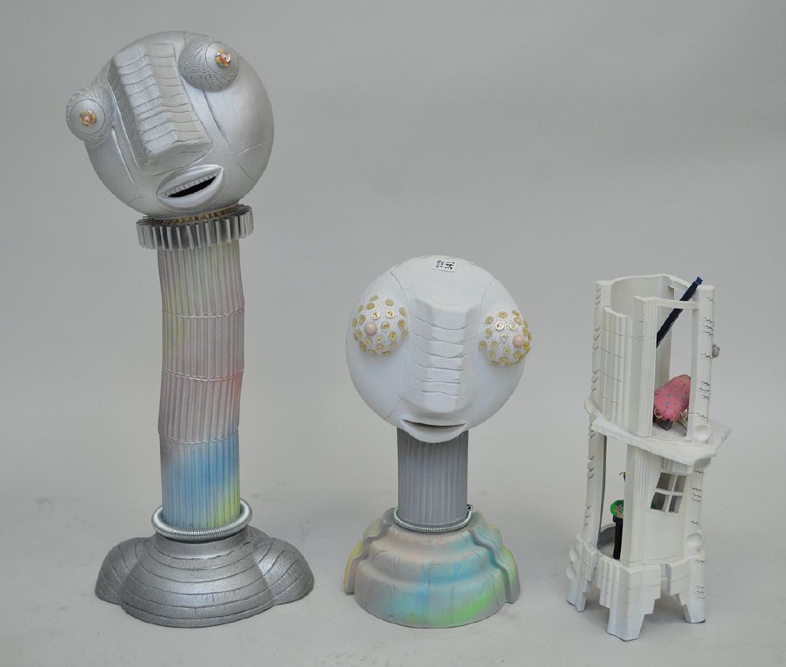 2 Composition modern heads and bldg, Janice Dan '89,: 2 Composition modern heads and bldg, Janice Dan '89, 17"h & 27"h
